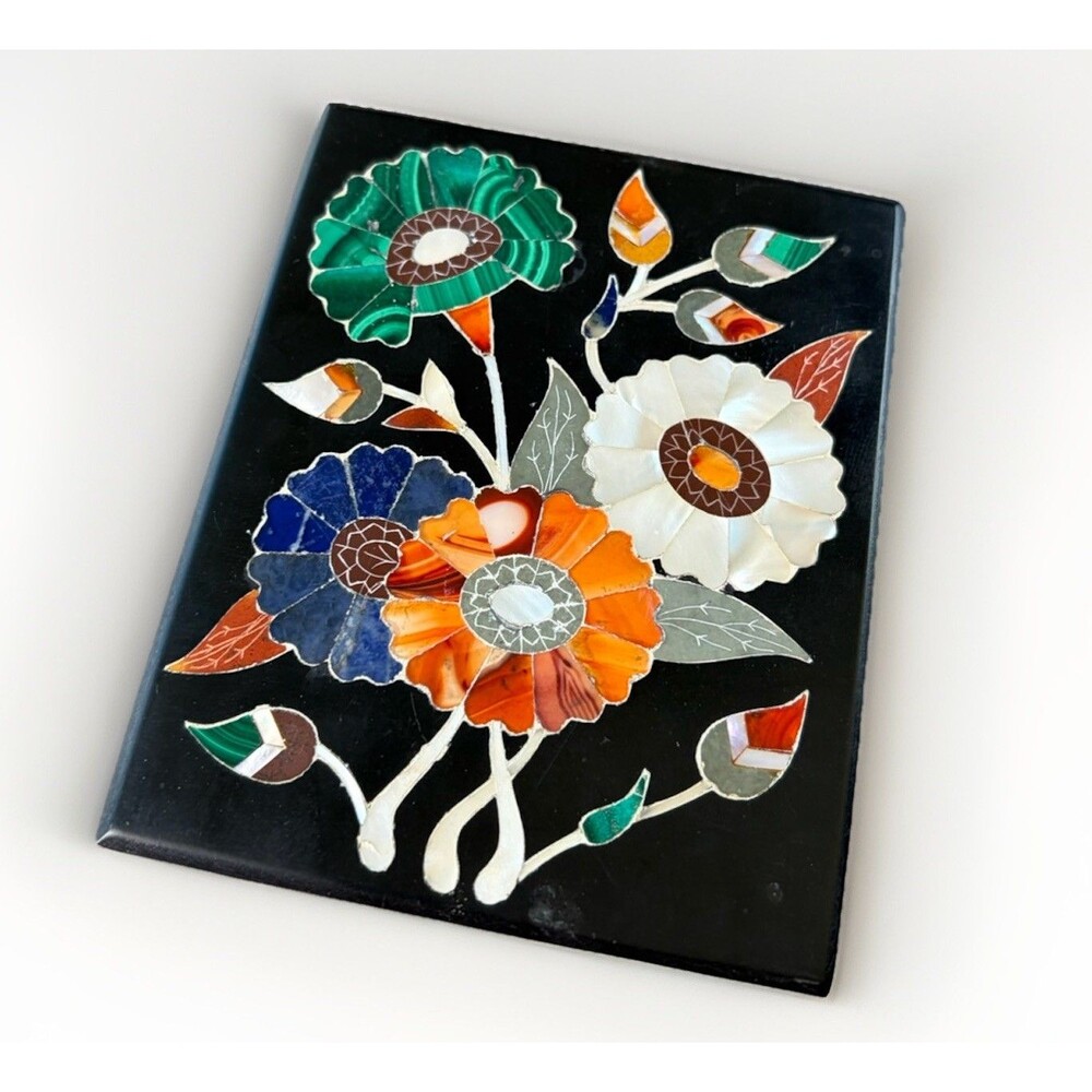 Black Marble Trinket Box Dura Floral Inlay Design 3.25x4